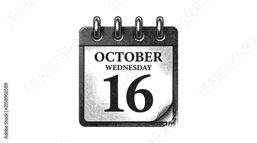 October sixteen calendar page showing a wednesday date with detailed black and white halftone print texture