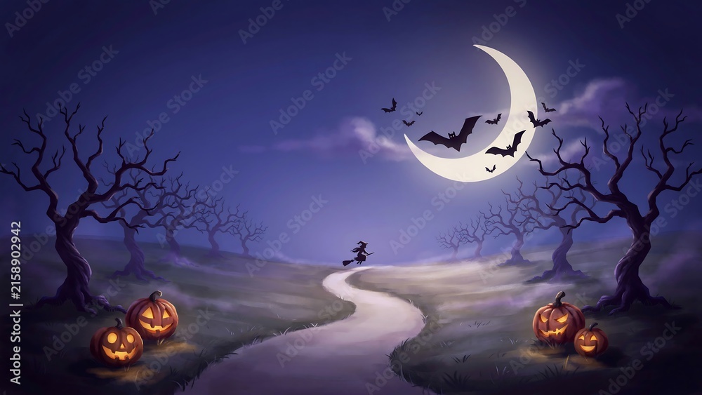 Fototapeta premium Spooky halloween night scene with a winding path and glowing jack o lanterns