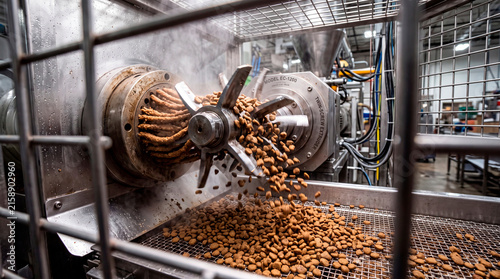 POV from inside extruder cutter head slicing fresh dog kibble in a production facility