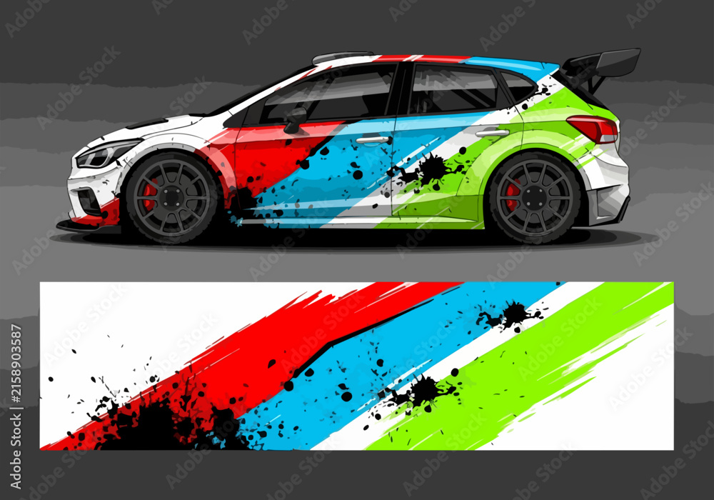 Fototapeta premium Colorful rally car with dynamic paint splatter design wrap