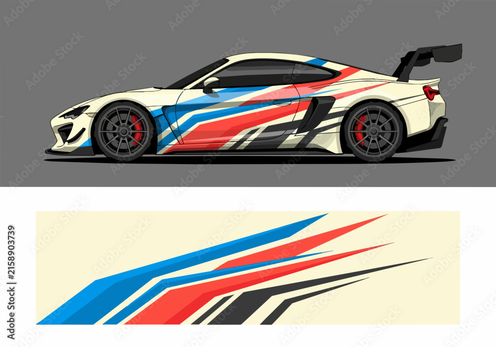 Fototapeta premium White sports car with racing stripe decal design
