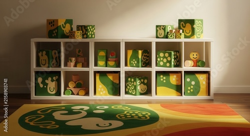 Brightly Decorated Playroom Cubbies Filled With Whimsical Wooden Toys