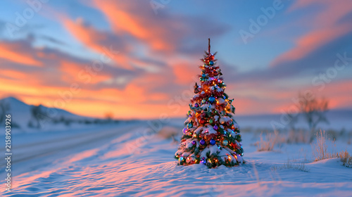 Decorated christmas tree standing outdoors in snowy landscape during winter sunset