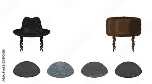 Jewish headwear collection featuring black fedora, brown fur shtreimel and various ornate embroidered velvet kippot