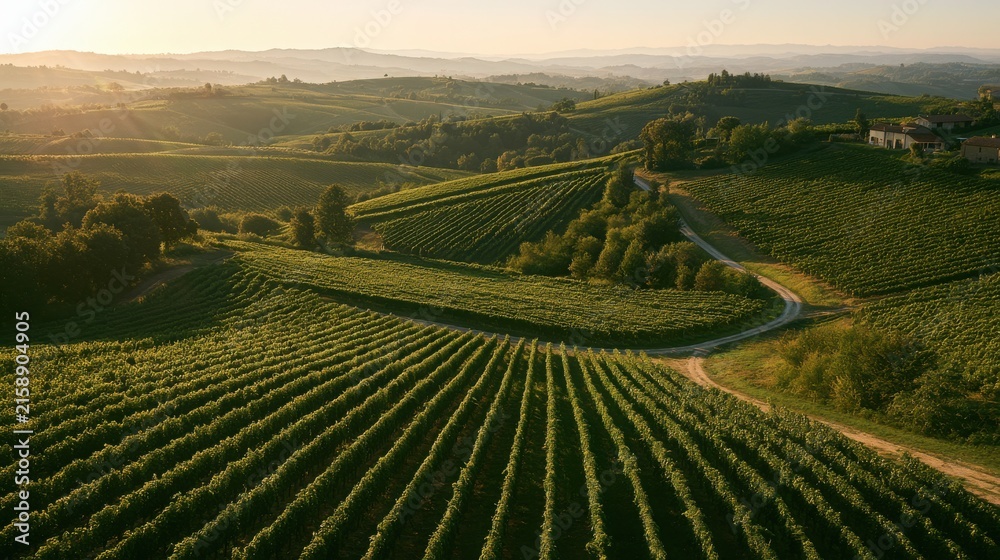 Fototapeta premium Vineyard fields cover rolling countryside hills with a dirt road under warm morning sunlight.