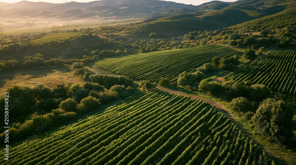 Fototapeta premium Vineyard rows stretch across rolling green hills under soft sunlight during early morning.