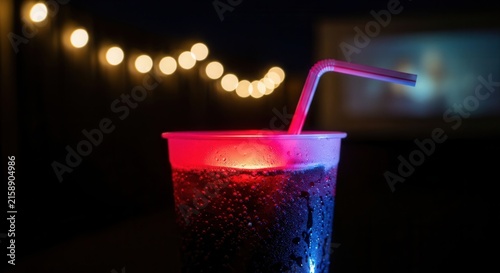 Captivating Cocktail Under Festive String Lights With Blurred Movie Screen Background