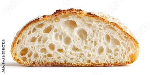 Rustic loaf of artisan bread with an airy crumb and golden crust sits isolated on white background