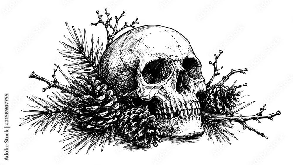 Fototapeta premium Gothic ink engraving of a human skull surrounded by pine cones, evergreen needles, and bare branches, creating a dark natural composition.