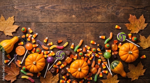 Halloween Candy and Pumpkin Flat Lay Background on Rustic Wooden Table