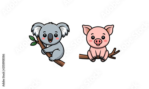 Photography Cute koala bear climbing tree branch and little pink piglet sitting on log carto