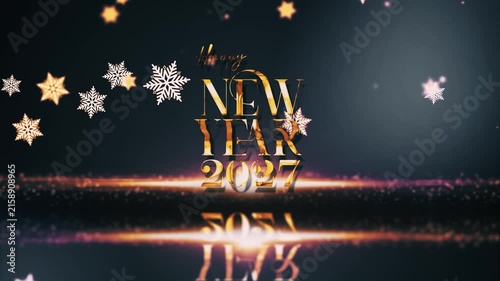 2027 Happy new year golden text shine light effect animation cinematic title on black abstract background.