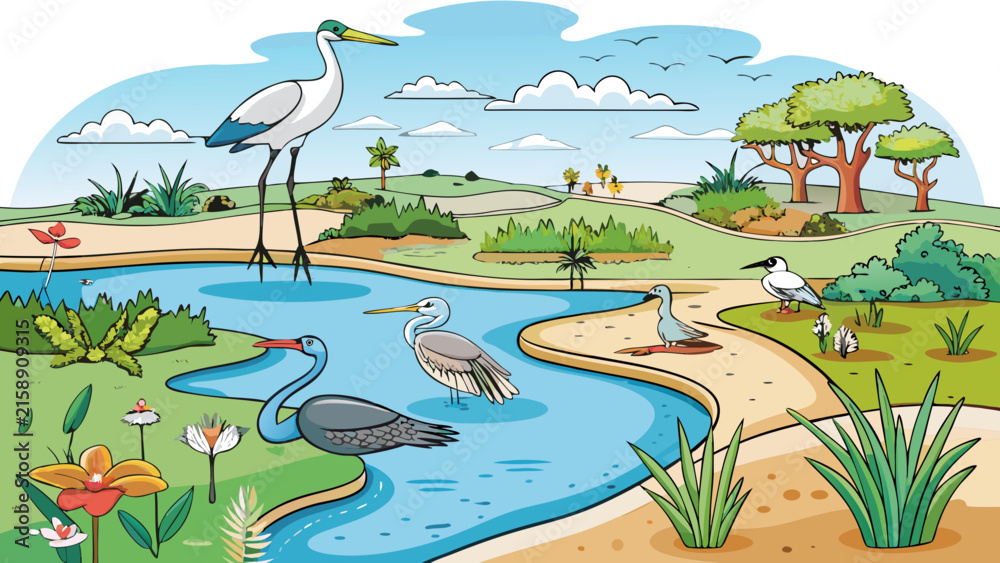 Naklejka premium Cartoon vector illustration of a tropical wetland landscape with various water birds, herons, and egrets in a peaceful river environment with trees and flowers.