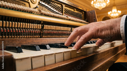 Close Up of Pianist Hand Playing Vintage Upright Piano with Exposed Action Mechanism