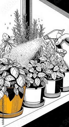 Artistic Black And White Illustration Of Someone Watering Potted Herbs On A Windowsill