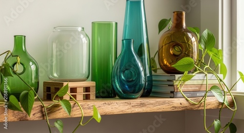 Artistic Glass Vases with Greenery Adorning a Rustic Shelf Display