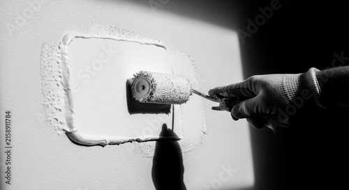 Artistic Monochrome Hand Painting Wall With Roller Tool Detailed Close Up