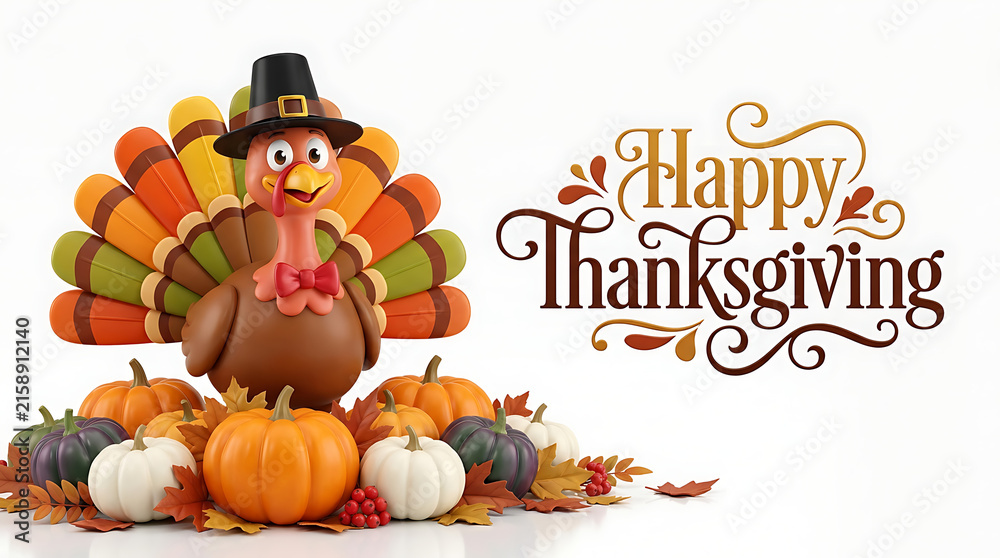 Naklejka premium Cartoon turkey with pilgrim hat and pumpkins for Happy Thanksgiving holiday greeting card
