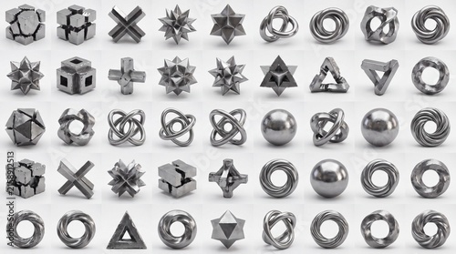 sculptural design, a collection of abstract brutalist geometric shapes in chrome, isolated