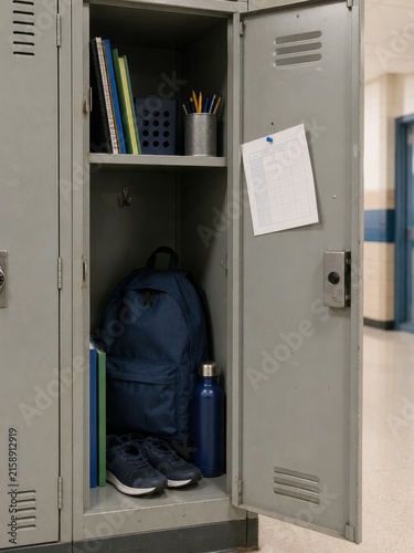 Open school locker displaying blue backpack, water bottle, notebooks, and shoes, with a calendar sheet hanging inside, located in a hallway setting