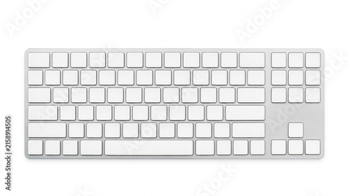 Top view of modern white computer keyboard template with blank keys isolated on white background.