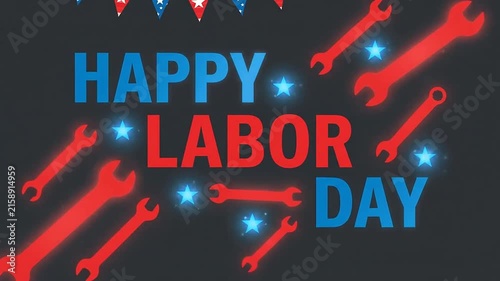 Festive holiday animation celebrating workers with glowing red wrenches and festive bunting