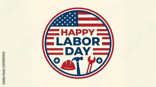 Happy Labor Day celebration badge animation with patriotic flag and tools