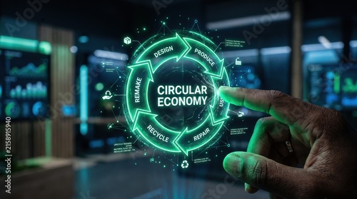Hand Interacting with Digital Circular Economy Hologram in Modern Office, Emphasizing Sustainable Business Models and Resource Management Through Technology