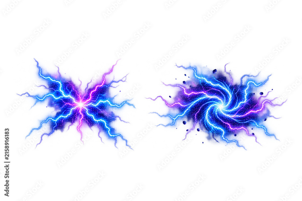Fototapeta premium Electric blue and purple energy vortex set with glowing lightning swirl and magic portal effect