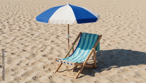 Blue white striped beach chair umbrella sandy made wood has wooden frame curved backrest armrests attached pol