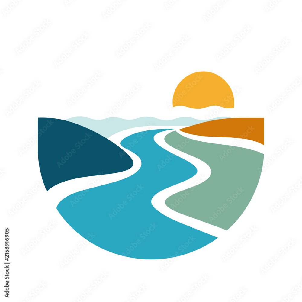 Fototapeta premium Colorful Sunrise Landscape Icon with Winding River