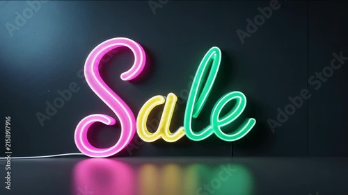 Neon sign showing sale in a store during daytime inside a retail space