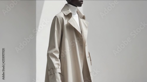 Fashion model displays a coat at a design studio during a photoshoot in autumn