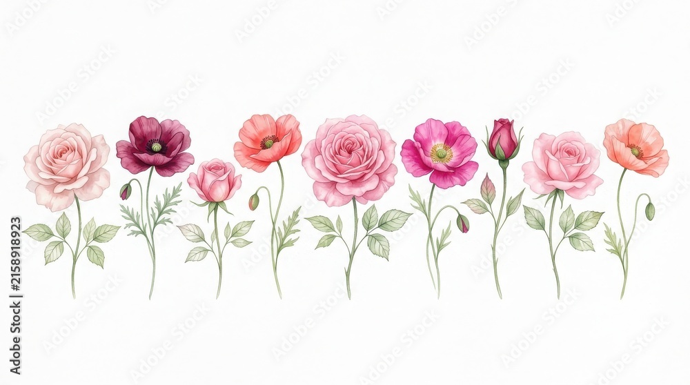 Obraz premium Watercolor roses and poppies row illustration isolated on white background