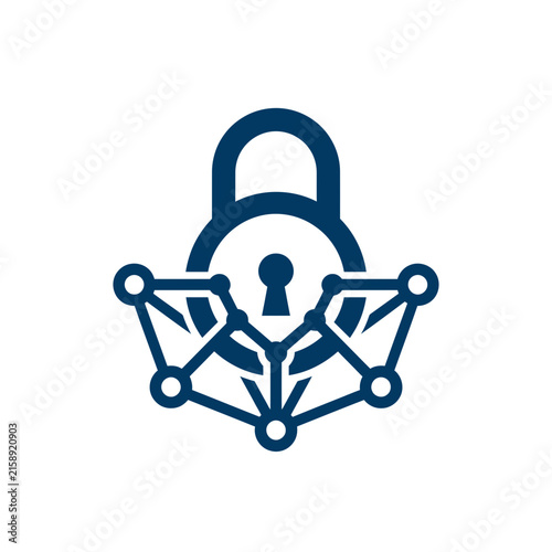 A dark blue digital padlock icon with a network connection symbol