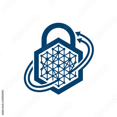 A dark blue digital security icon on a white background