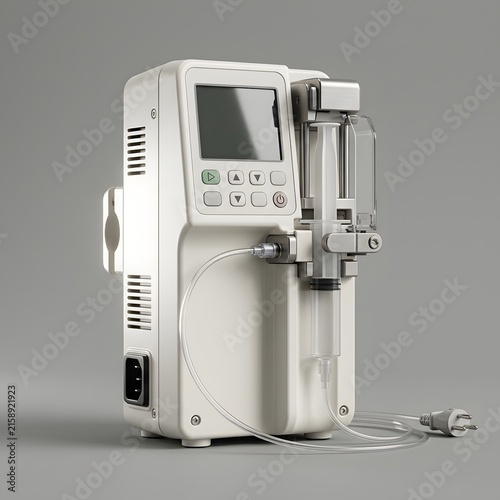 Medical syringe pump for intravenous infusion isolated on grey background
