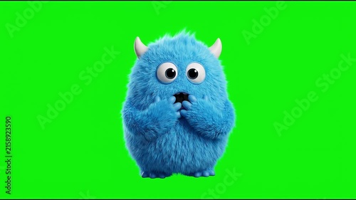 Cute Blue Furry Monster Character Standing Surprised on Chroma Key Green Screen Background 3D Animation.