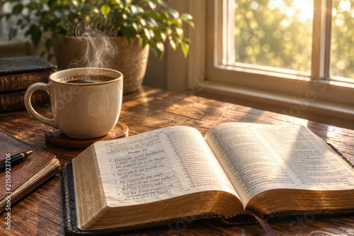 Psalm 23 Bible Reading with Coffee in Peaceful Morning Sunlight