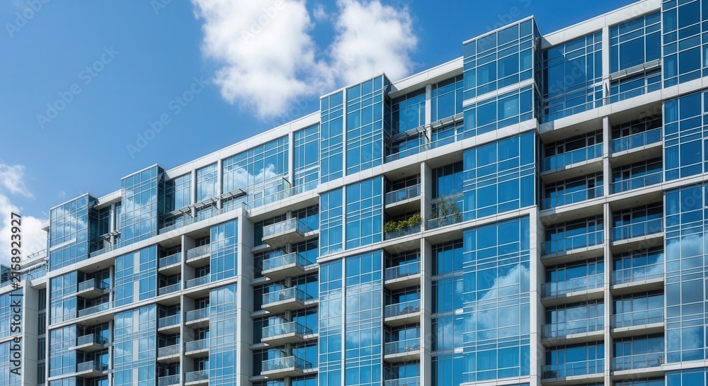 Fototapeta premium Modern Luxury Apartment Building Facade With Glass Reflections