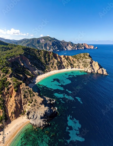 Azure Ocean Cove Surrounded by Rocky Cliffs and Greenery