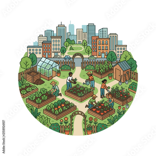 Diverse people cultivate a vibrant community garden in the city