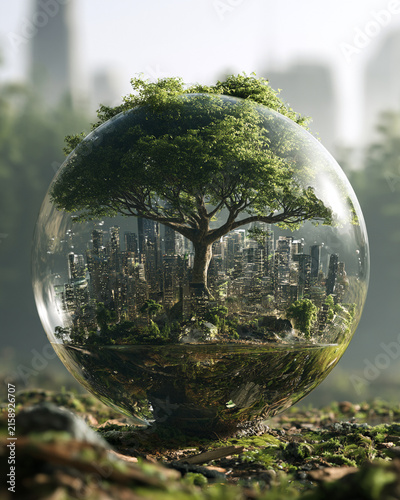 Global economic outlook tree city glass sphere nature urban sustainability tree inside glass sphere over miniature city suggesting global economic outlook and sustainable urban future with green