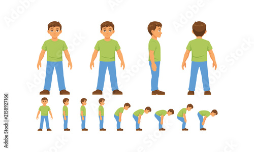 Foto Cartoon man character turnaround sheet with bending animation poses, flat vector