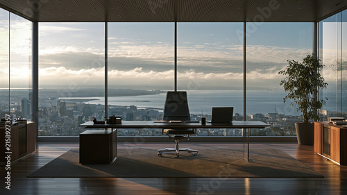 Global economic outlook office window skyline desk chair harbor interior modern executive office with panoramic city and water view at sunrise for calm business planning