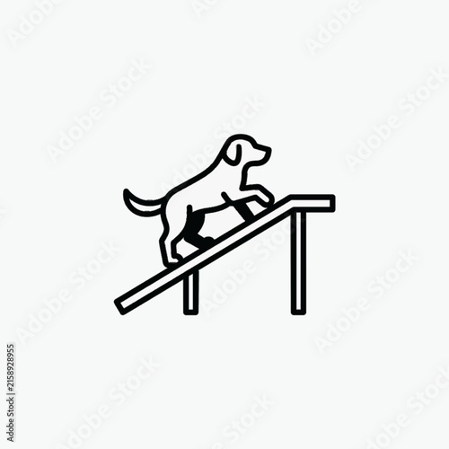 Minimalist black line art icon of a dog climbing an agility ramp. Vector illustration featuring a canine profile walking up a steep bridge during pet training or competition.