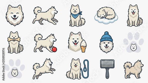 Vector icon set of a white fluffy Samoyed dog in multiple poses including running, jumping, sleeping, and playing with a ball, bone, leash, and grooming brush.