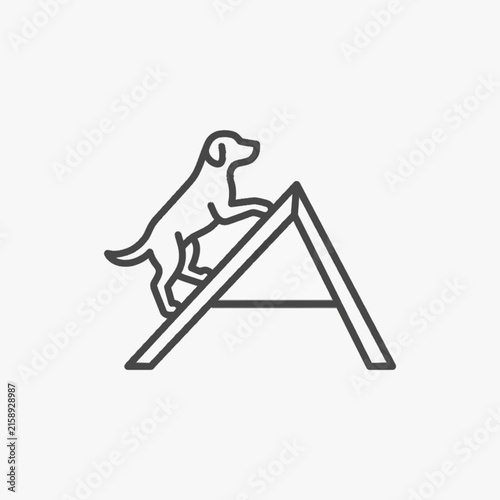 Minimalist vector line art icon of a dog climbing an A-frame agility obstacle, canine athletic training course equipment symbol, black outline illustration on white background.