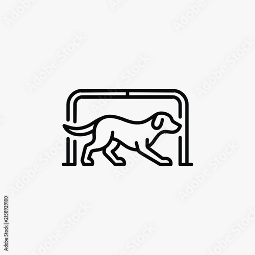 Minimalist black line art icon of a dog crawling under a low horizontal bar or obstacle, representing pet agility training, obedience commands, and canine fitness.