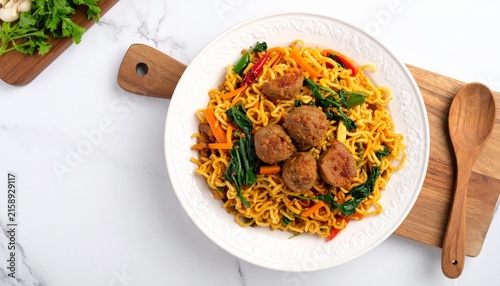 Stir fried noodles with meatballs, vegetables and chili on white plate. Asian mie goreng on marble table with wooden spoon. Top view food photo.
